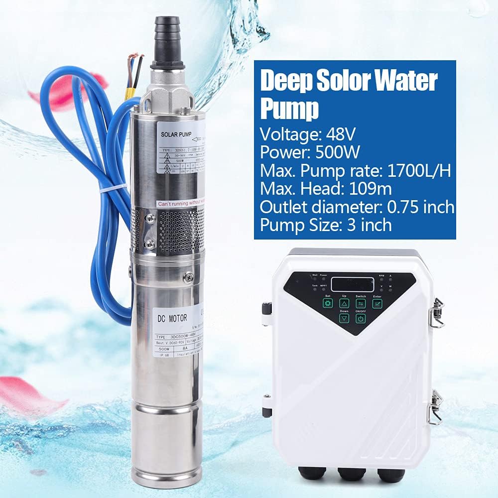 Solar Water Pump, 48V 500W 3In DC Submersible Pump Stainless Steel Deep Well Pump Irrigation Kits with MTTP Controller Float Switch for Home Industry, Garden Irrigation, Farm Ponds