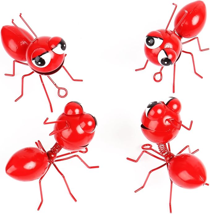 Metal Yard Art Garden Decor Cute Ant Outdoor Wall Sculptures Patio Lawn Ornament Fence Decoraions - Set of 4 Red