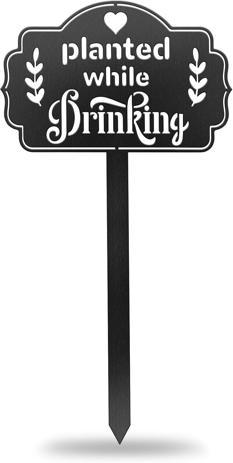 CUTHOLLOW Metal Plant Marker Stake Planted While Drinking for Outdoor Indoor, Waterproof 11.8 inch Cute Garden Plant Labels Sign Tag for Vegetables, Farmhouse Greenhouse Decor - Funny Gardening Gifts