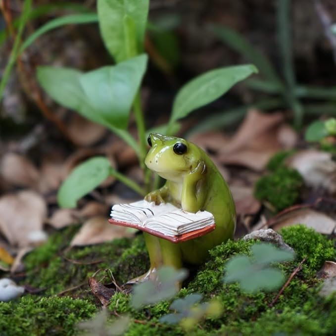 Miniature Small Frog Reading Book,Rabbit Reading Book with Bird， Animal Figurines Fairy Garden Supplies Terrarium Accessories DIY Miniature Garden (Miniature Small Frog Reading Book)