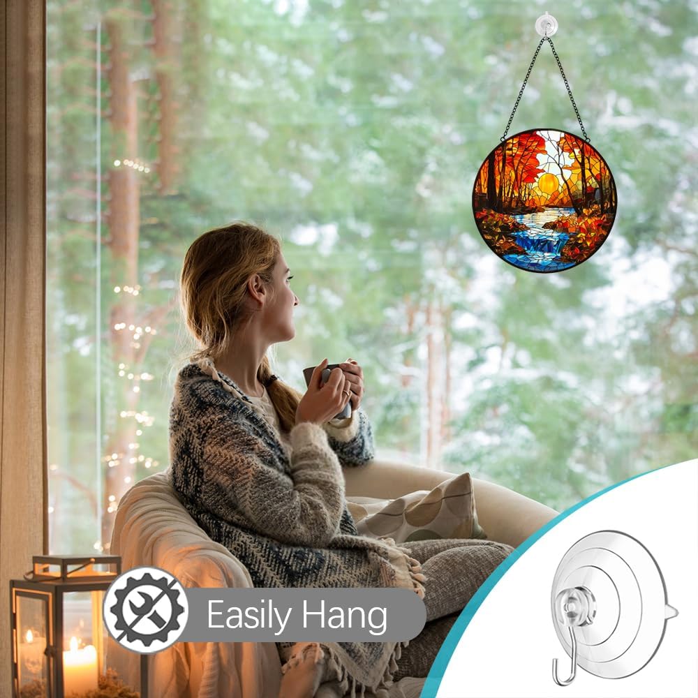 Fall Decor Sunset Suncatcher Stained Glass Window Hanging - Handmade Sun Catchers Indoor Window Decor with Tree and River - Stain Glass Christmas Decorations Panels - Birthday Gift for Women Men Mom