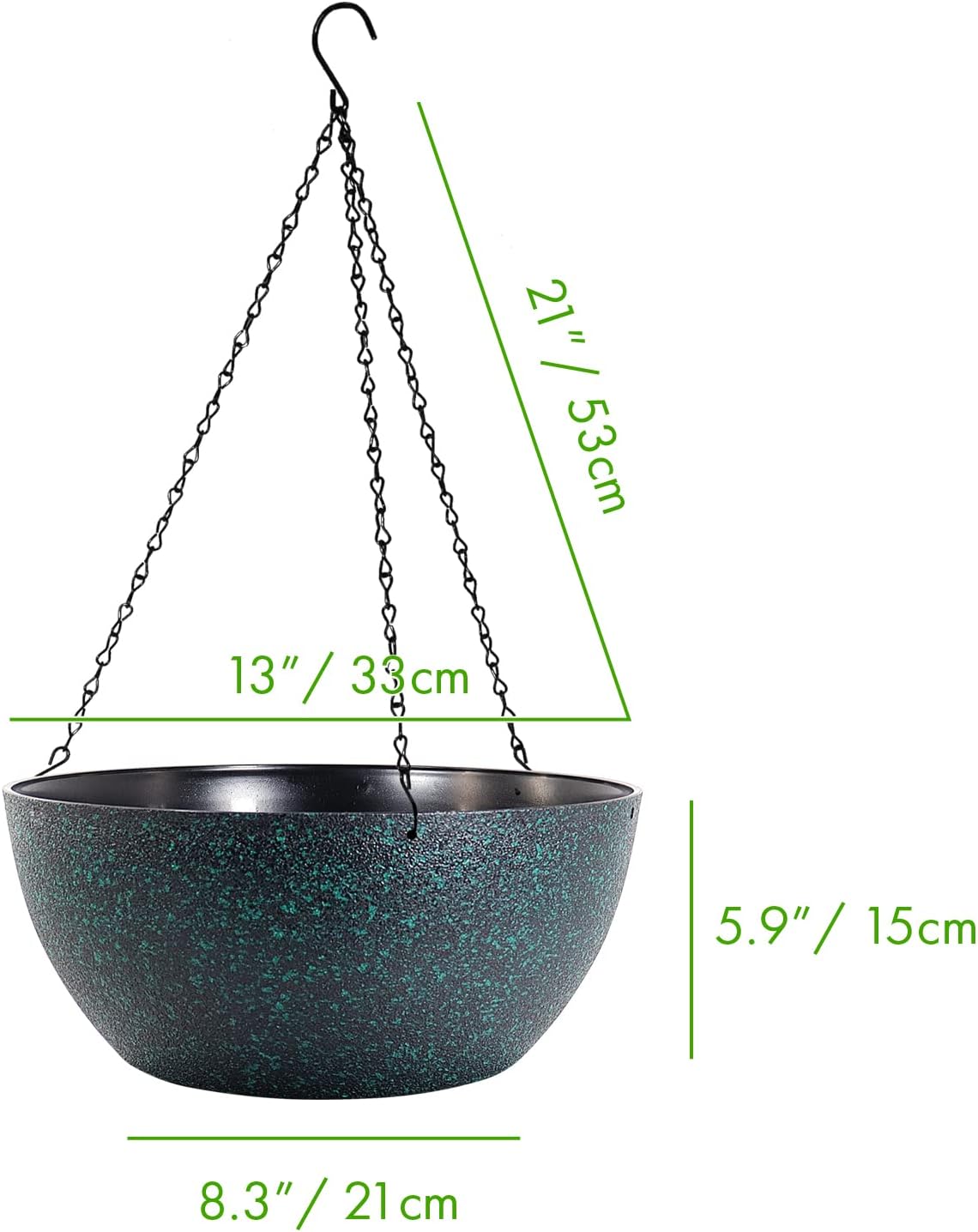 WOUSIWER 13 inch 2 Pack Large Hanging Planters for Indoor Outdoor Plants with Drainage Holes and Chain, Round Hanging Flower Pots for Garden Home Porch Decor, Black with Green Speckles