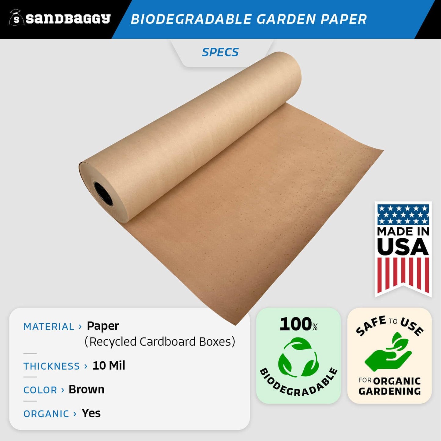 Sandbaggy Biodegradable Landscape Fabric - Garden Paper for Weeds - Paper Mulch Rolls (3 ft x 475 ft, 25)