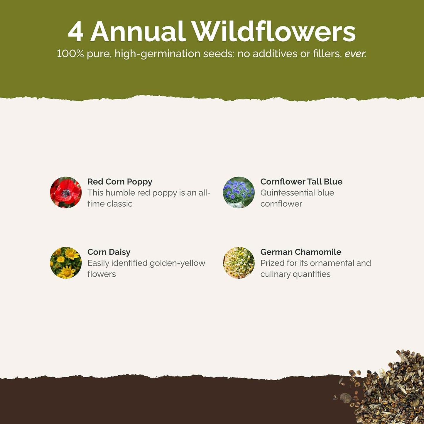 Eden Brothers Back to Basics Flower Mixed Seeds for Planting, 1/4 lb, 120,000+ Seeds with Cornflower Tall Blue, Corn Daisy, Attracts Pollinators, Plant in Spring or Fall, Zones 3, 4, 5, 6, 7, 8, 9, 10