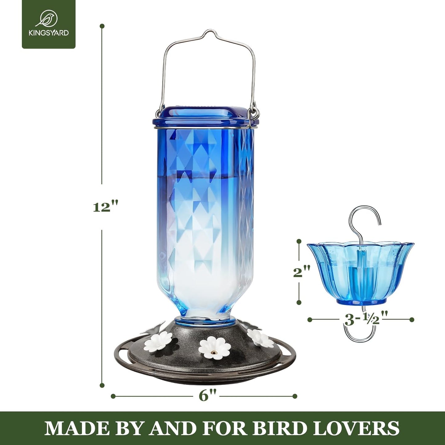 Kingsyard 2 Pack Glass Hummingbird Feeder for Outdoor Hanging, 24 Ounces, 6 Feeding Ports, Bird Nectar Feeder for Garden Décor, Ant Moat Included, Blue