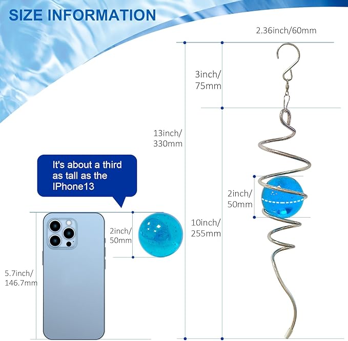 Gazing Ball Spiral Tail with Blue Glass Orb, 3D Wind Spinners Stabilizer, Wind Spinner Spiral, Hanging Rotating Art Decor - Visual Illusion in Spinning, Indoor Outdoor Garden Decoration 13in