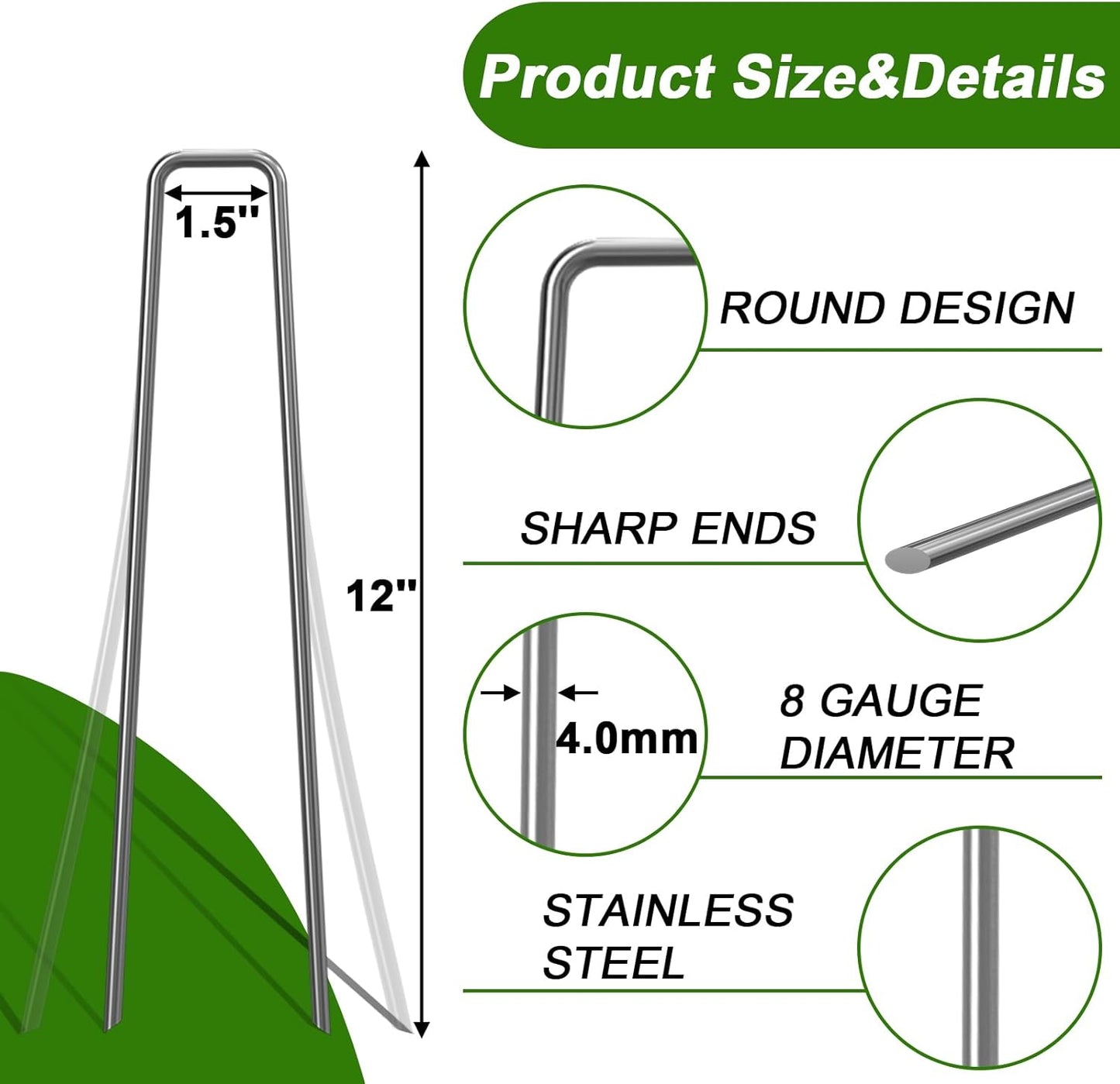 AAGUT 12 Inch 8 Gauge Landscape Staples 40 Pack Galvanized Garden Stakes Heavy Duty Sod Pins Fence Ground Stakes for Weed Barrier Fabric Ground Cover Dripper Irrigation Tubing Soaker