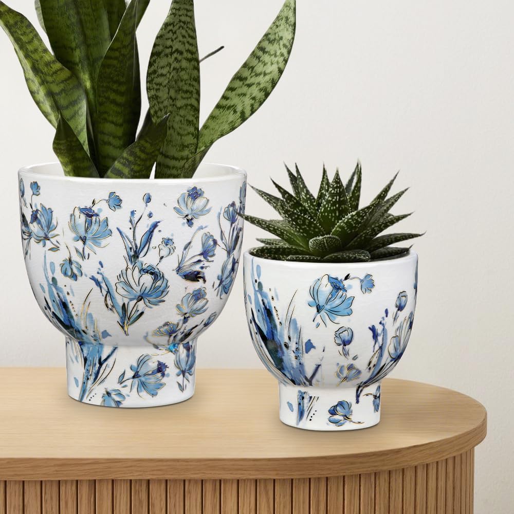7.6/5.5 Inch Decorative Flower Pots, Blue and White Plant Pot Gold Accent Ceramic Planters for Indoor Plants Pots with Drainage Retro Planter Pot for Succulents Cactus Herb Snake Plants Outdoor Garden