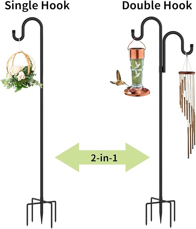 Double Shepherds Hooks for Outdoor, Bird Feeder Pole with 5 Prongs Base, Heavy Duty Garden Hook for Lantern, Wind Chime and Hummingbird Feeder, 92 Inch, 2 Pack