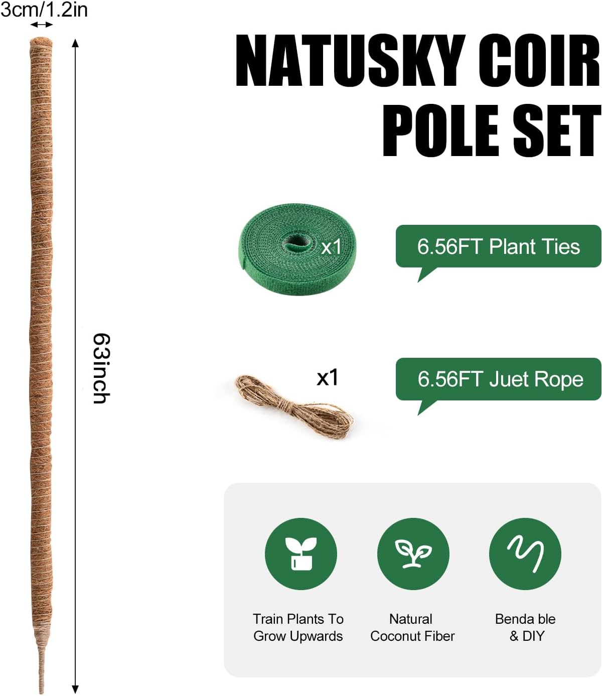 Moss Pole, 63 Inch Bendable Moss Pole for Plants Monstera, Moss Poles for Climbing Plants, Handmade Coco Coir Pole Plant Sticks Support Plant Stakes for Indoor Plants to Grow Upwards