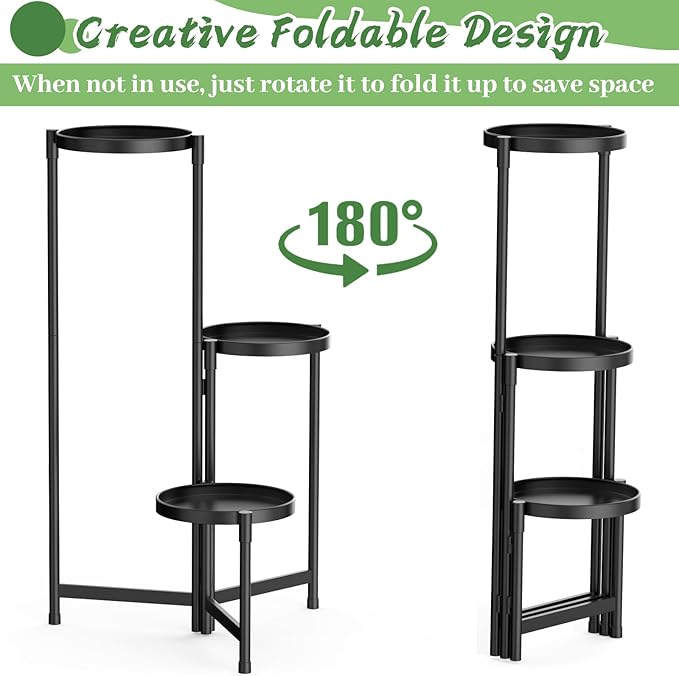 MOKANI Metal Plant Stand Indoor Outdoor for Multiple Plants, 3 Tiered Folding Corner Shelf Tall Flower Pot Holder Display Rack for Patio Living Room Balcony Garden, Black