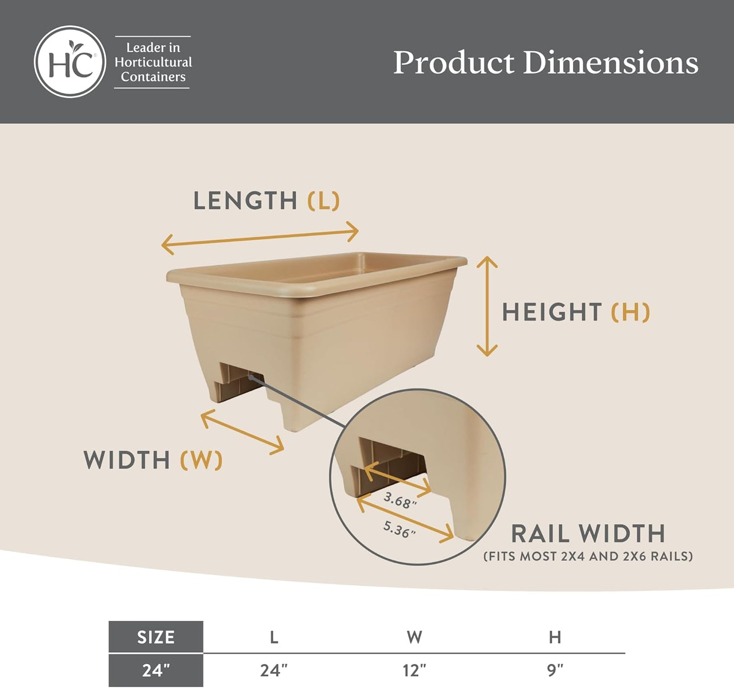 The HC Companies Deck Railing Planter Box w/Removable Drain Plugs - Lightweight & Weatherproof Plastic Flower Box - Balcony Planters for Railing and Fence (24”, Black)