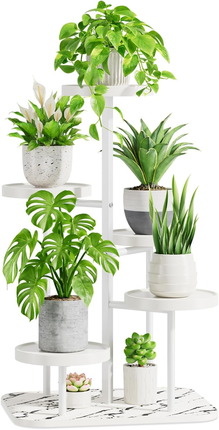 iDavosic.ly 5 Tier Plant Stand Indoor Outdoor, Tiered Corner Plant Stands for Multiple Plants, Metal Plastic Tall Plant Display Holder Flower Shelf for Patio Living Room Garden Balcony Bedroom, White