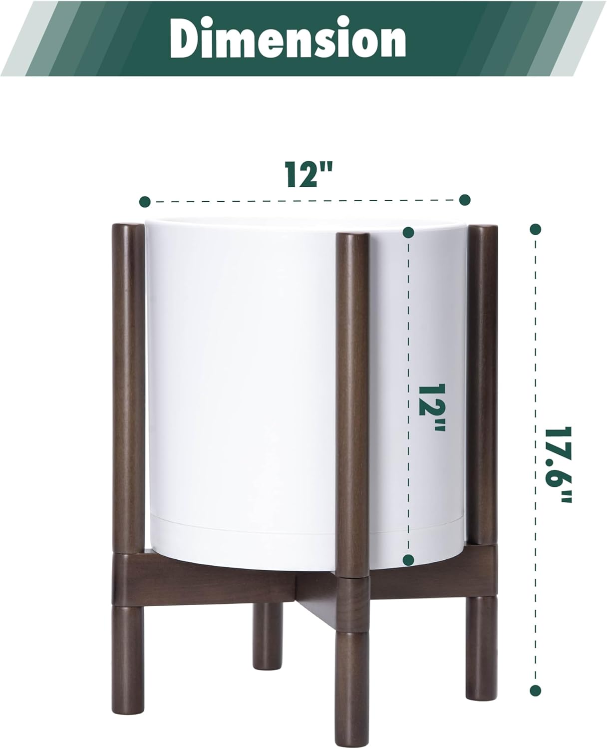 D'vine Dev Planter with Stand - 12 Inch Plastic Cylinder Flower Pot with Wood Holder for Indoor, Matte White Pot + Walnut Color Stand, 55-C-O-1