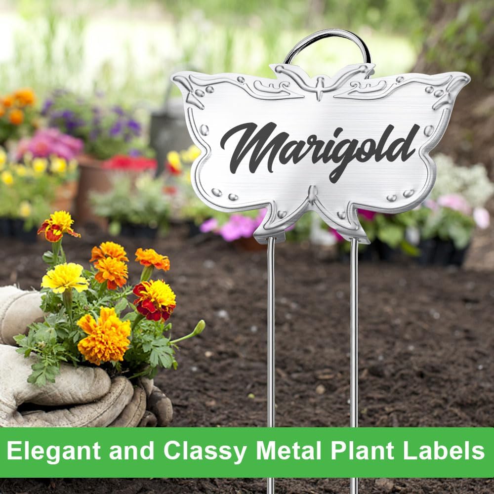 Metal Plant Labels, Tall Outdoor Butterfly Garden Markers for Flowers, Fruits and Vegetables, 304 Stainless Steel Weatherproof Signs (25 Packs, 4" x 2.3", Silver Butterfly Design)