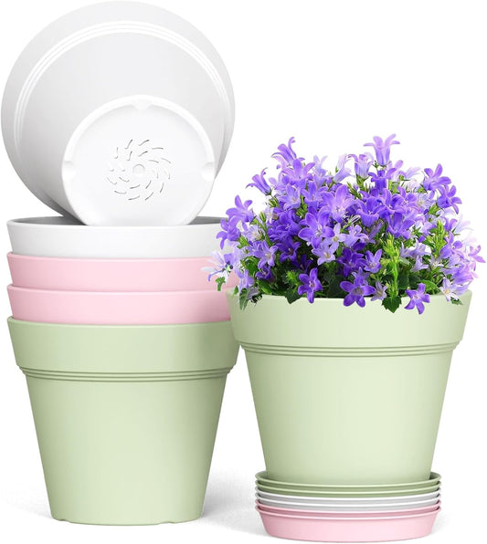 5 Inch Plastic Plant Pots with Drainage Holes and Trays – 6 Pack Small Nursery Pots for Indoor & Outdoor House Plants and Flowers, Seedling Starter Planters, Colorful