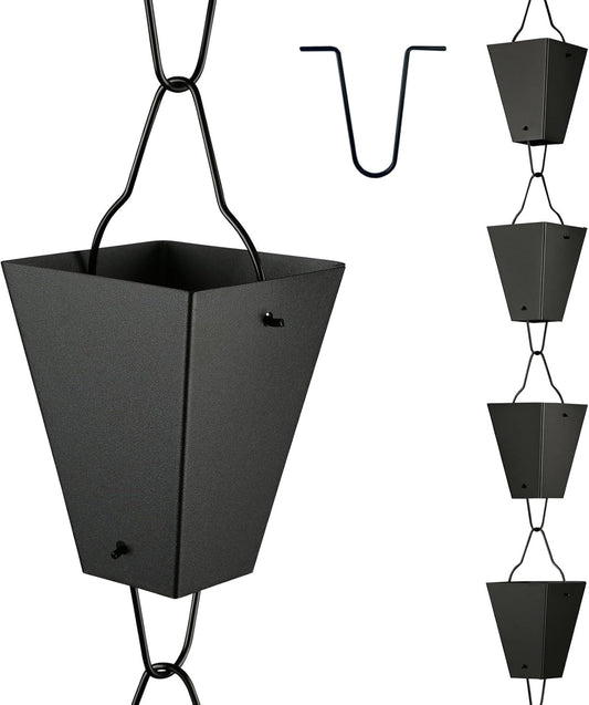 TE DEUM Square Link Rain Chain, 8.5 Feet Length, 3.7inch Big Size Cup, Black Powder Coated, Functional and Decorative Replacement for Gutter Downspouts, V Gutter Clip Included, Black