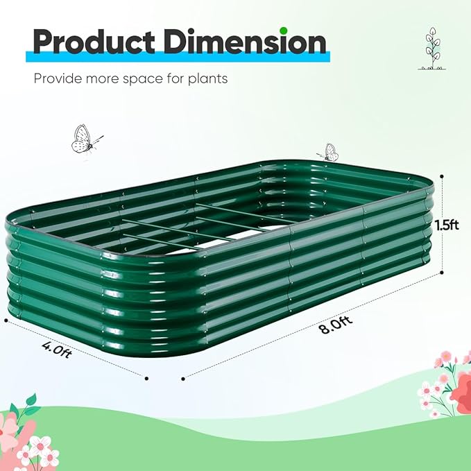 Quictent Galvanized Raised Garden Bed Kit, 8x4x1.5 ft Oval Metal Planter Box Tall for Vegetables Outdoor Backyard, Rubber Strip Edging Included (Dark Green)