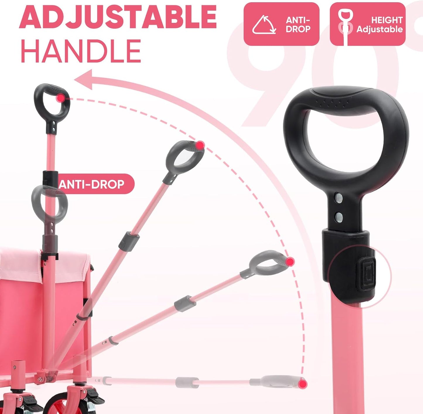 Wagon with Brakes, Foldable Cart with 220LBS Capacity, Utility Lightweight Wagon, Collapsible Grocery Shopping Cart for Camping Sports & Holiday.Pink