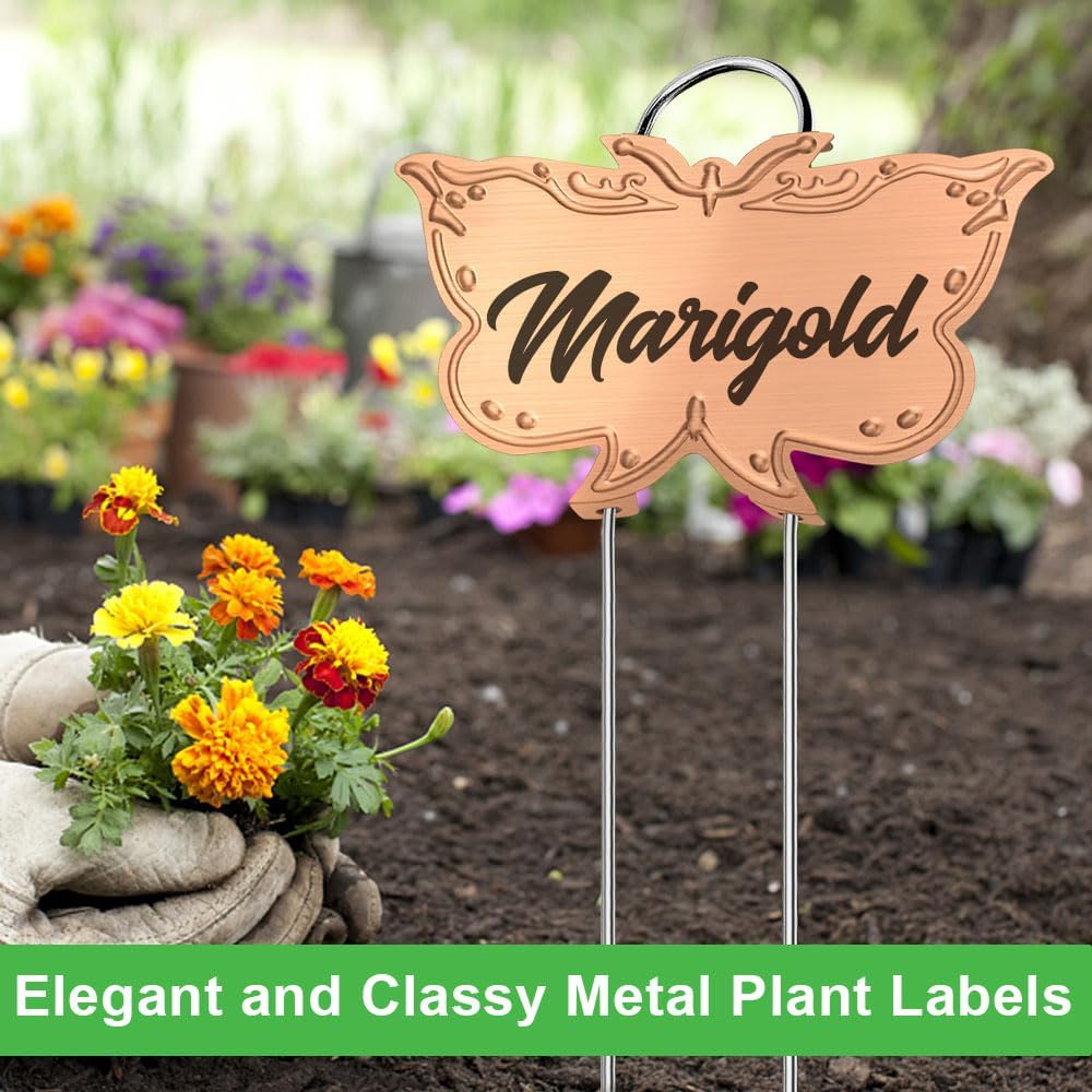 Metal Plant Labels, Tall Outdoor Butterfly Garden Markers for Flowers, Fruits and Vegetables, 304 Stainless Steel Weatherproof Signs (25 Packs, 4" x 2.3", Gold Butterfly Design)