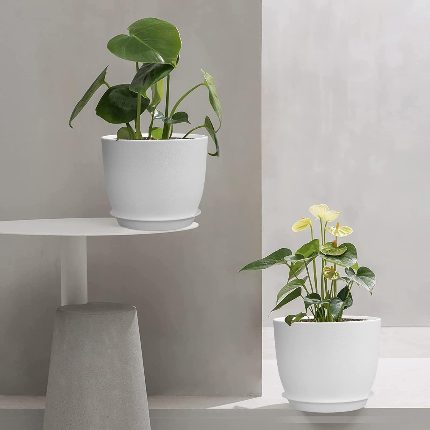 Modern Plant Pots Set, 9/8/7.5 inch Plastic Planters for Indoor Plants, Stylish Flower Pots with Drainage Holes and Saucers for House Plants and Flowers, White