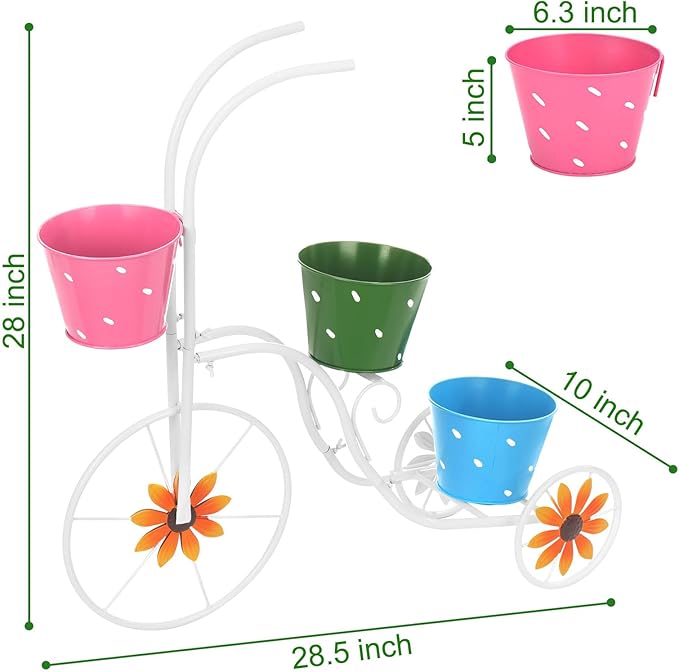BAYN Bicycle Planter Stand, Metal Flower Pot Cart Holder Tricycle Planter with 3 Plant Bucket Outdoor Decorative for Patio, Deck, Garden, Lawn