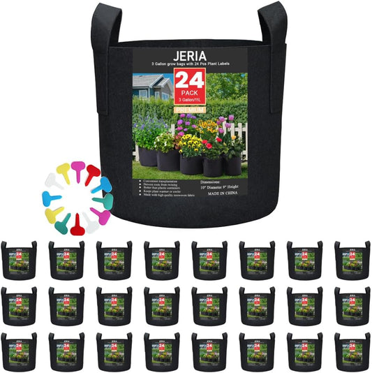 JERIA 24-Pack 3 Gallon Nonwoven Grow Bags, Plant Grow Bags，Heavy Duty Aeration Fabric Pots with Durable Handles, Come with 24 Pcs Plant Labels