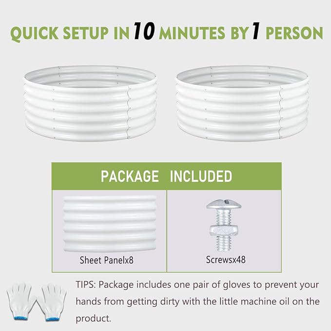 FORTUNO 2 Pcs 17" Tall 4 Ft Round Raised Garden Bed Box Galvanized Metal Outdoor High Flower Bed Steel Patio Ground Planter for Planting Vegetables and Herbs, White