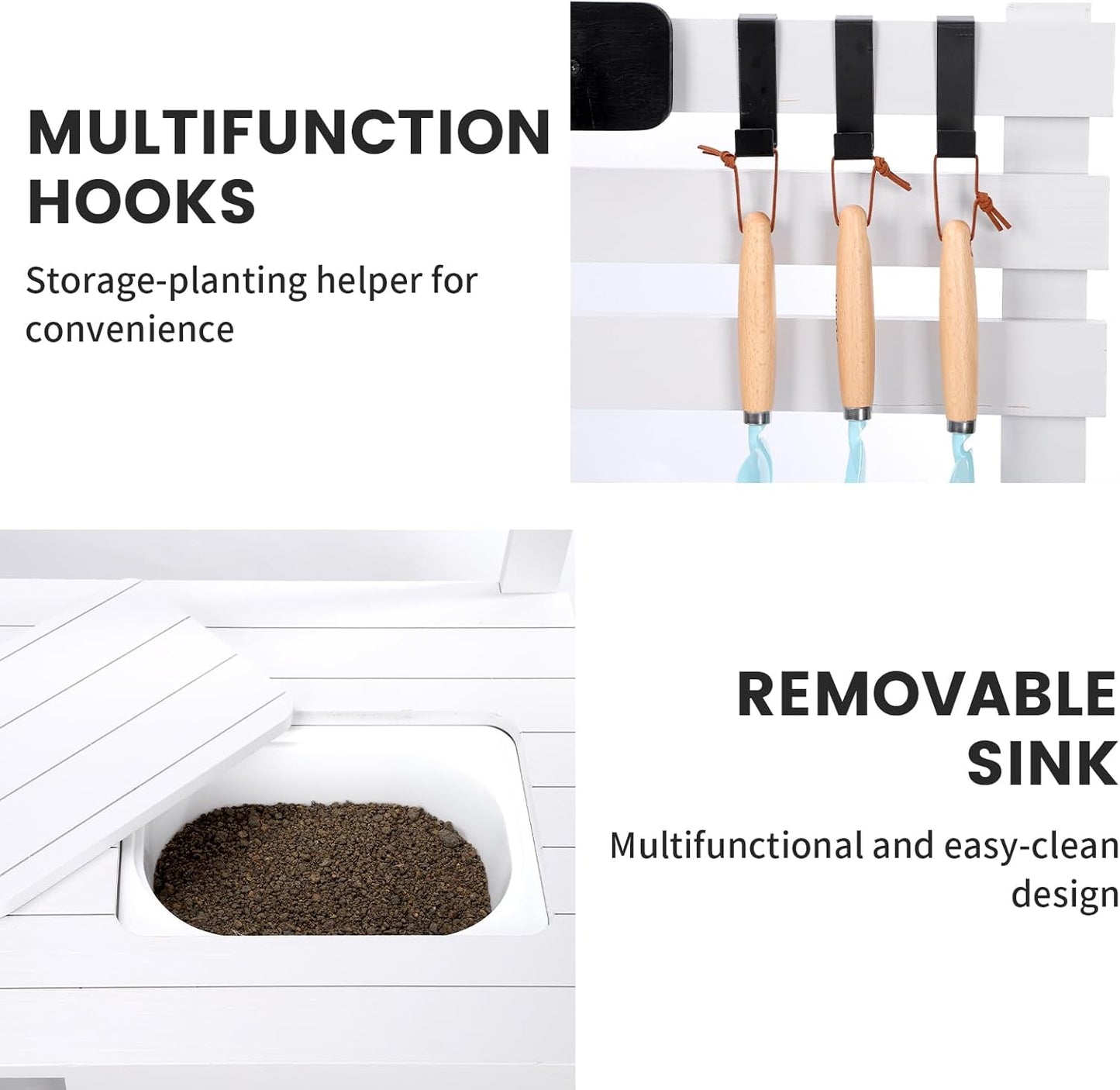 Potting Bench Outdoor Potting Table—All-Weather Kids Solid Wood Garden Work Station with Sink、Hooks、3Flower Pots, Weather Proof（White Grey, Large）