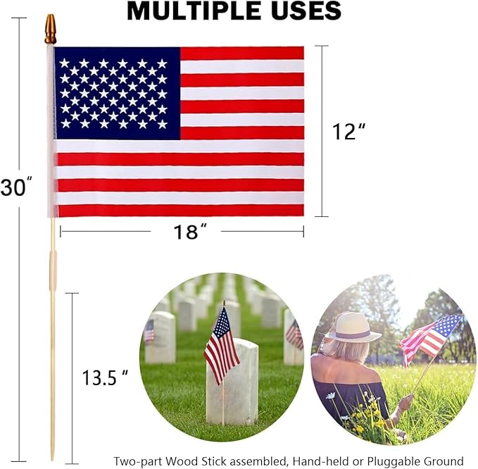 Pack of 100 American Flags with wood Stick, 12x18 Inch American Flags for outside, US Flags/American Hand Held Stick Flags with Kid-Safe Spear Top, Perfect for Patriotic Decorations, Parades, Veteran Party,4th of July decorations