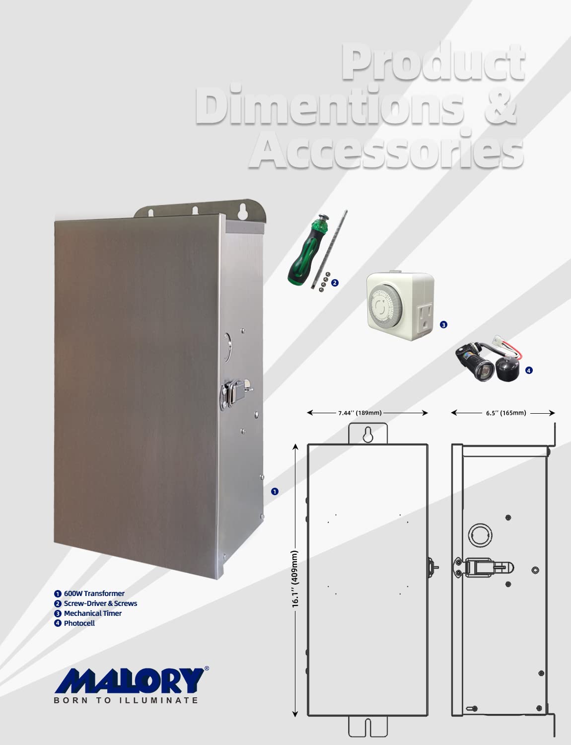 MALORY 600W Low Voltage Transformer with Timer & Photocell for Landscape Lighting,120V AC to 12/13/14/15/16/17/18/22V Multi-Tap Power Supply for Outdoor Landscape Lights,Yard Lights,Garden Lights