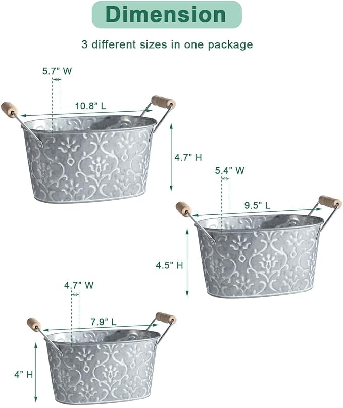 Galvanized Oval Planter Tubs for Outdoor Plants - Farmhouse Small Metal Tin Buckets with Drain Hole & Rubber Plug Medium Plant Containers with handles vintage style for decor, Set of 3(Flower Pattern)