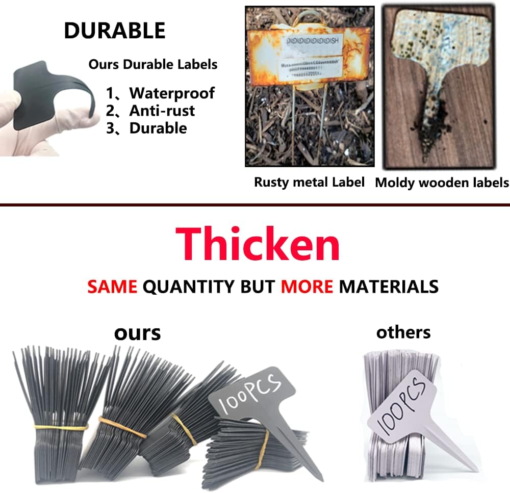 100 Pcs Waterproof Black Durable Plastic Plant Outdoor Garden Labels Nursery Markers T-Type Thick Tags Re-Usable for Vegetables Seedlings