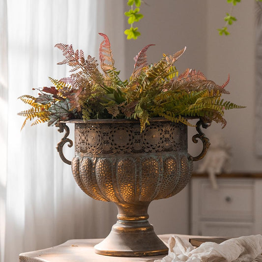 Vintage Metal Decorative Urn Planter with Stand, Embossed Pattern, Bronze Finish (45 * 39 * 36CM)