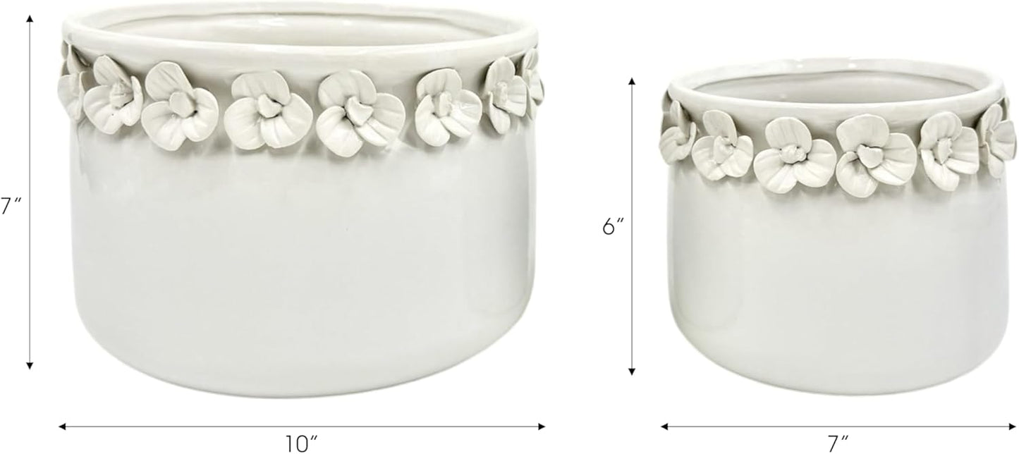 Decorative Flower Pot for Home Decor – Ceramic Indoor or Outdoor Planter with Sculpted Floral for Succulents or Houseplants – Pot for Plants for Garden, Patio, or Room Decor; Set of 2 – 7", 6" White