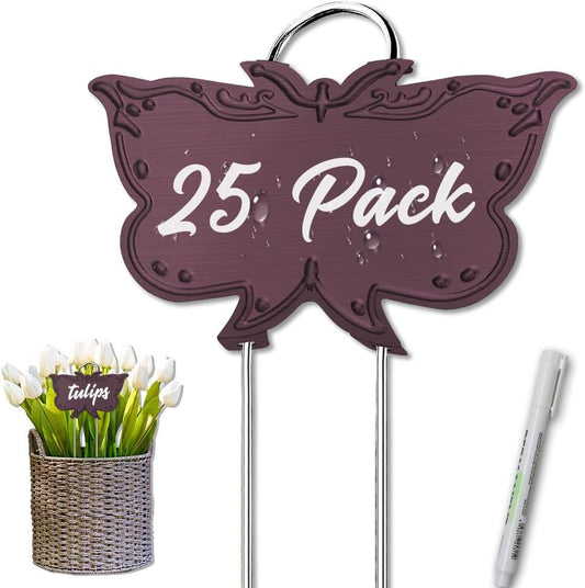 Metal Plant Labels, Tall Outdoor Butterfly Garden Markers for Flowers, Fruits and Vegetables, 304 Stainless Steel Weatherproof Signs (25 Packs, 4" x 2.3", Purplish Red Butterfly Design)