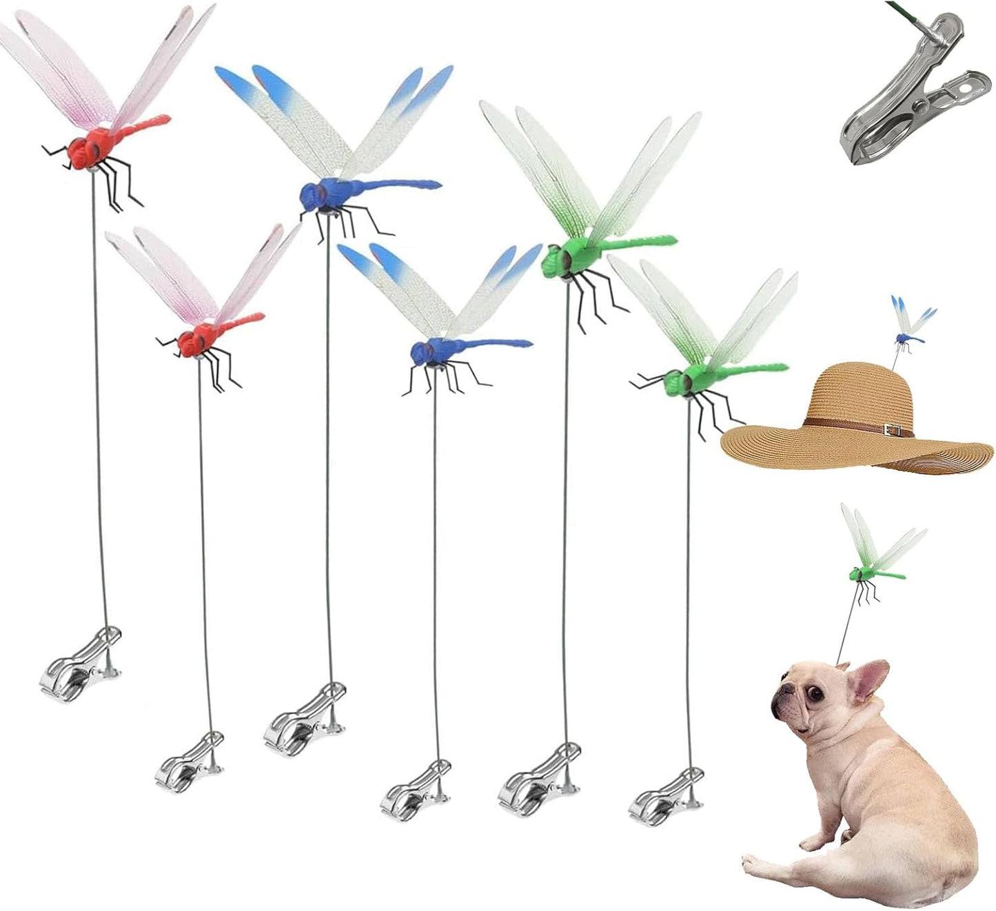 6 Pack 3D Realistic Dragonfly Clips - Colorful Plastic Garden Decor for Outdoor & Indoor Use, Hat/Clothing Accessories, Yard Patio Ornaments - Decorative Stakes (Assorted Colors)