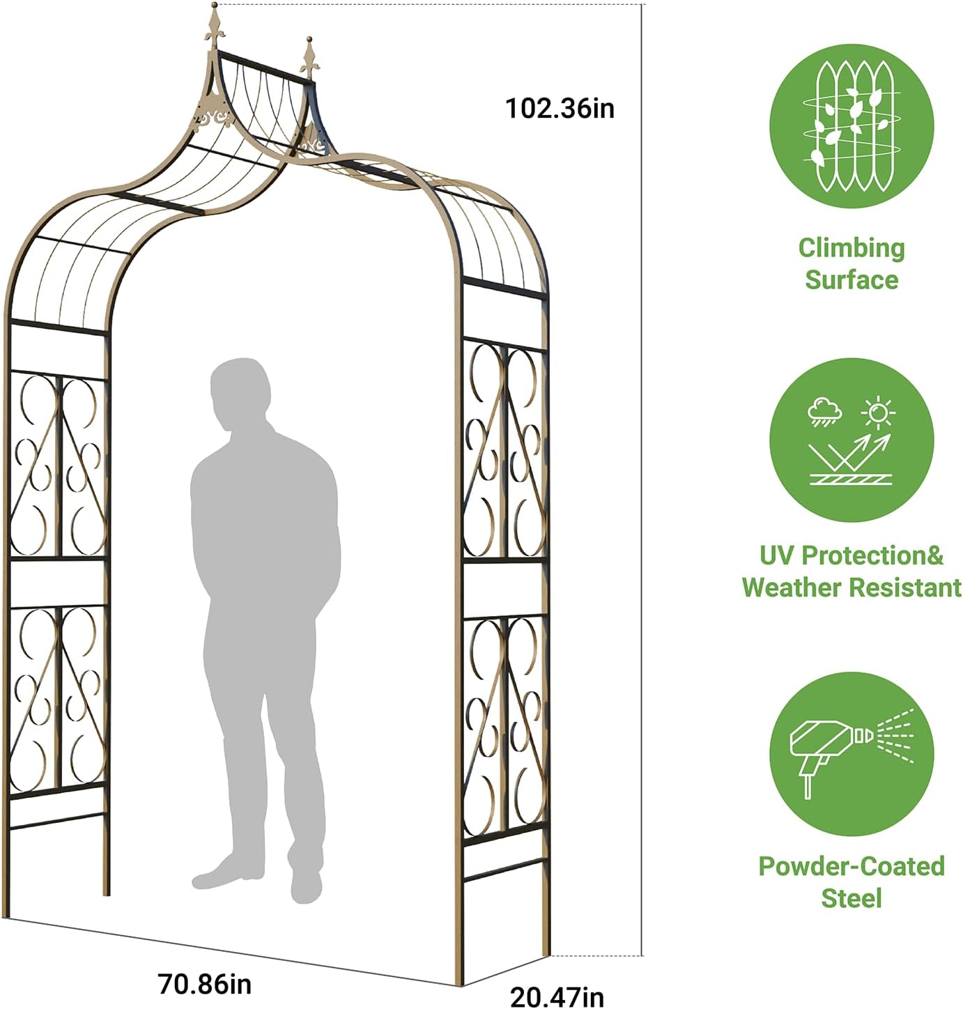 Metal Garden Arbor, 102.36” Tall Wrought Iron Archway for Climbing Plants & Flowers, British-Style Garden Trellis (Copper)