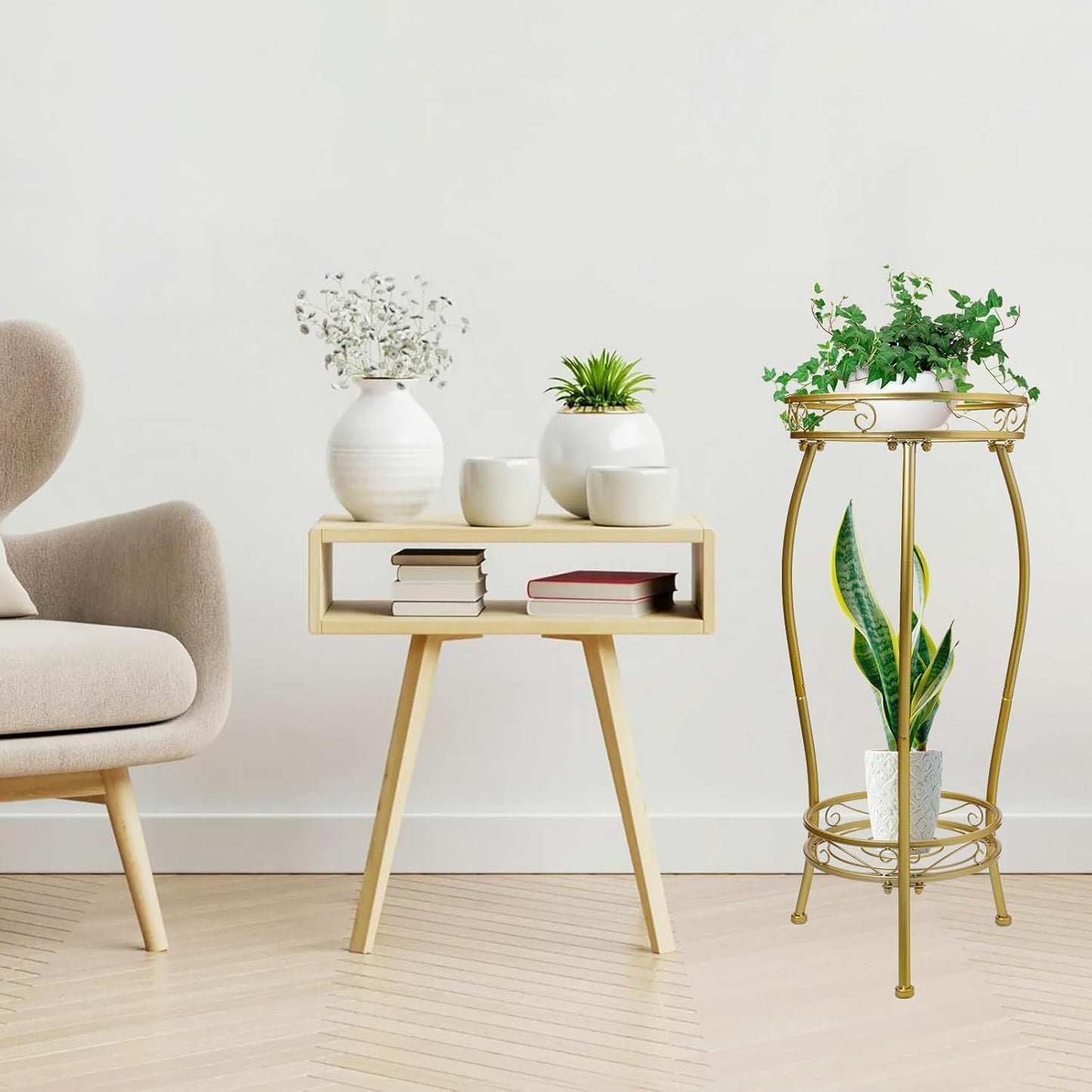 Plant Stand Indoor Outdoor，Tall Gold Metal Rustproof Stable Plant Stands，2 Tier 27.1 inch Multiple Plant Rack Holder Rack Flower Pot Stand Heavy Duty Plant Shelf (Gold)