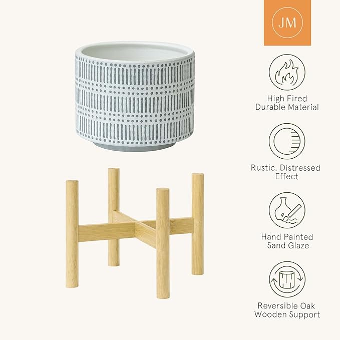 LA JOLIE MUSE Ceramic Plant Pot with Wood Stand - 9.4 Inch Modern Round Decorative Flower Pot Indoor with Wood Planter Holder, Slate Blue and White