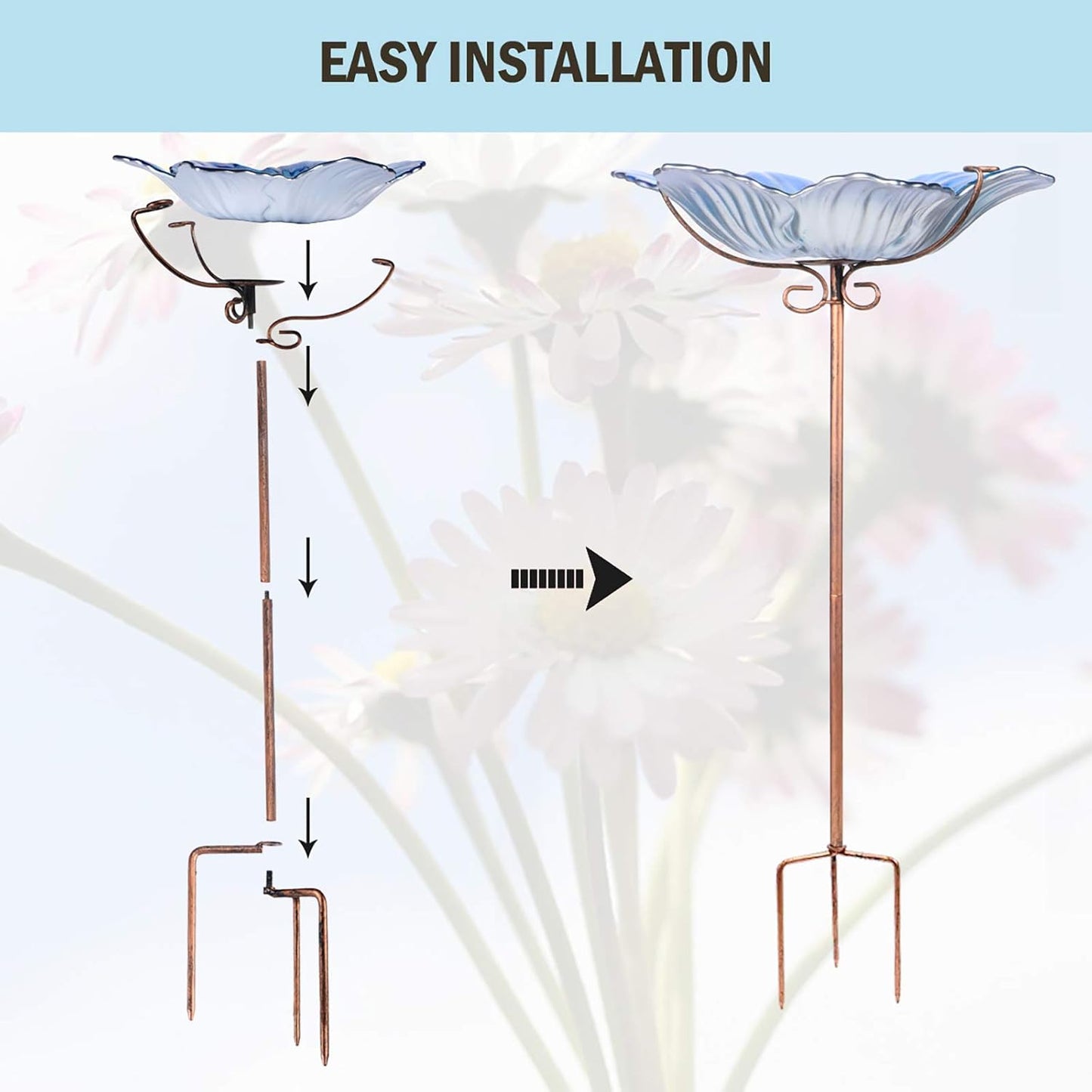 MUMTOP Bird Baths for Outdoors Glass Bird Bath Bowl Outdoor Bird Feeder Flower Pattern with Metal Stake for Garden, Yard and Lawn Decor(Blue)