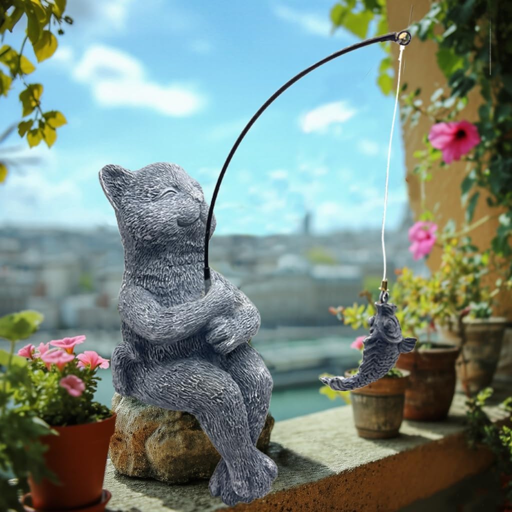 Cat Fishing Statue Garden Decor – 9.8" Weatherproof Resin Cat Fishing Sculpture Decor for Fish Ponds, Koi Ponds, Waterfalls, Poolside & Outdoor Gardens– Resin Figurine for Indoor & Outdoor Décor