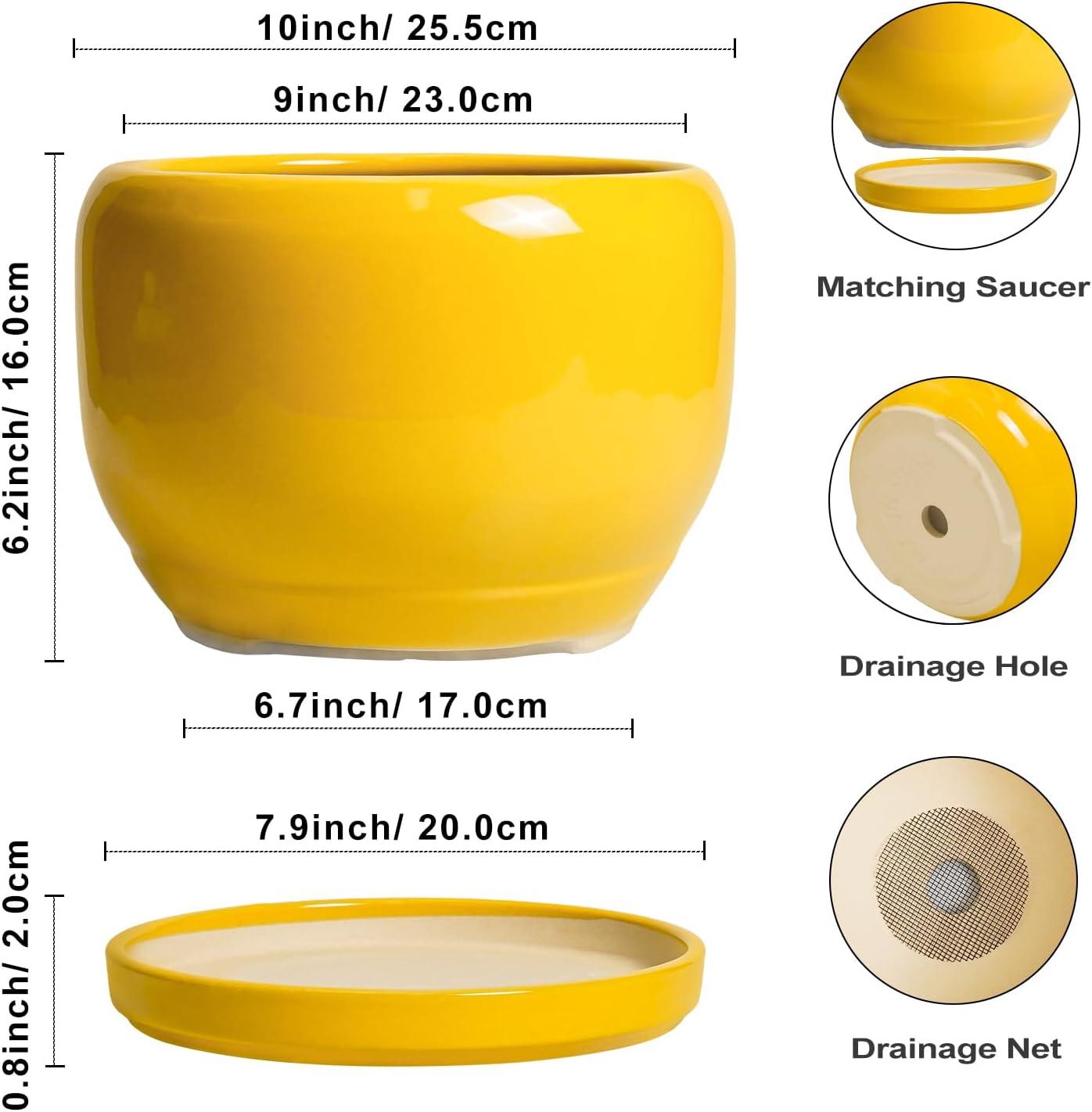 SQOWL 10 Inch Plant Pot - Ceramic Planter with Drainage Hole and Saucer, Modern Large Flower Pot for Indoor Outdoor Plants, Decorative Round Planter, Home Decor, Gifts for Gardeners Woman, Yellow