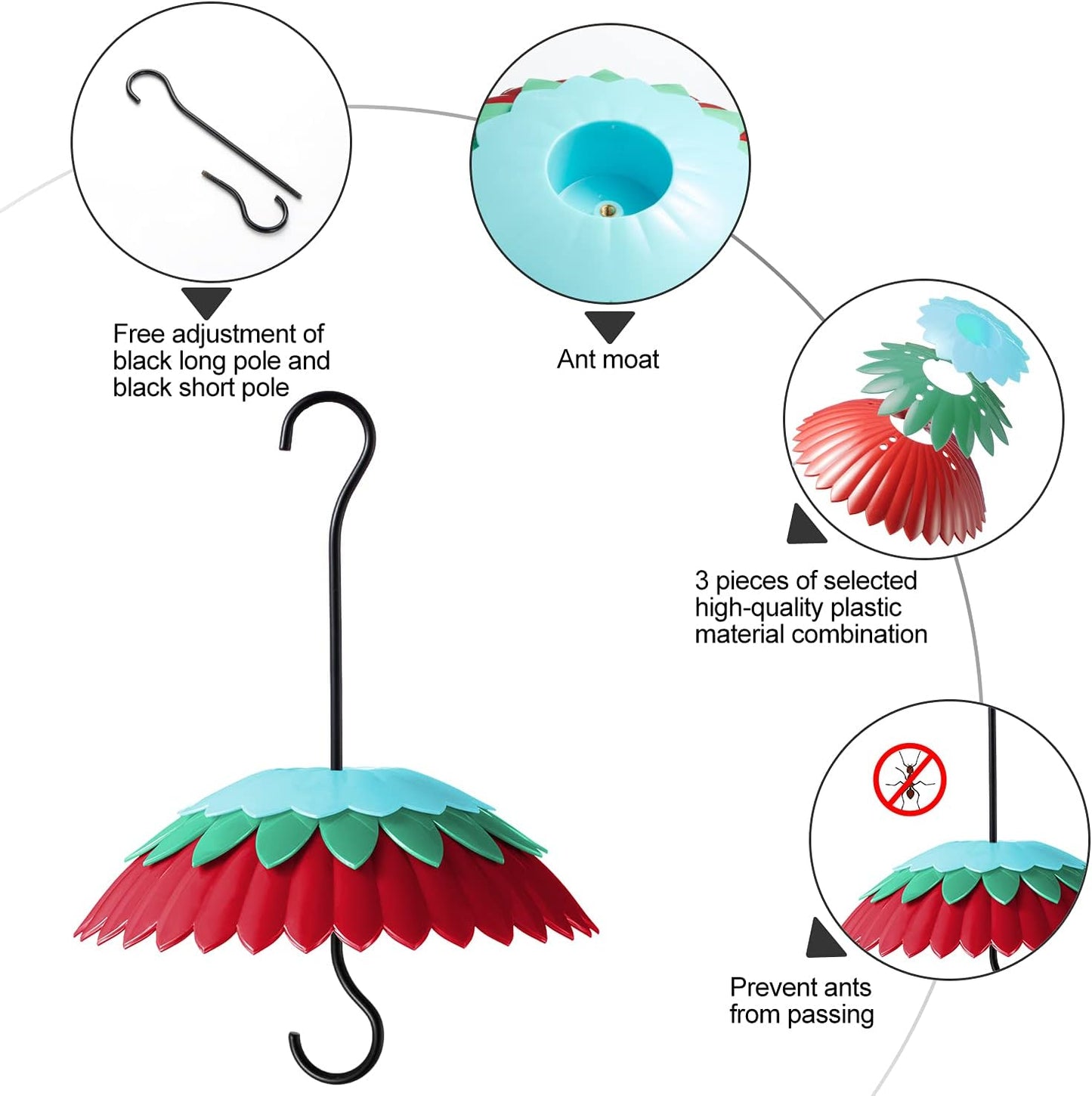 8" Bird Feeder Dome with Ant Moat, Skaithee 8" Bird Feeder Baffle with Ant Guard & Shepherd Hooks, Attract Hummingbirds & Anti Sun/Rain/Snow/Ants (Red 8 inches 20cm)