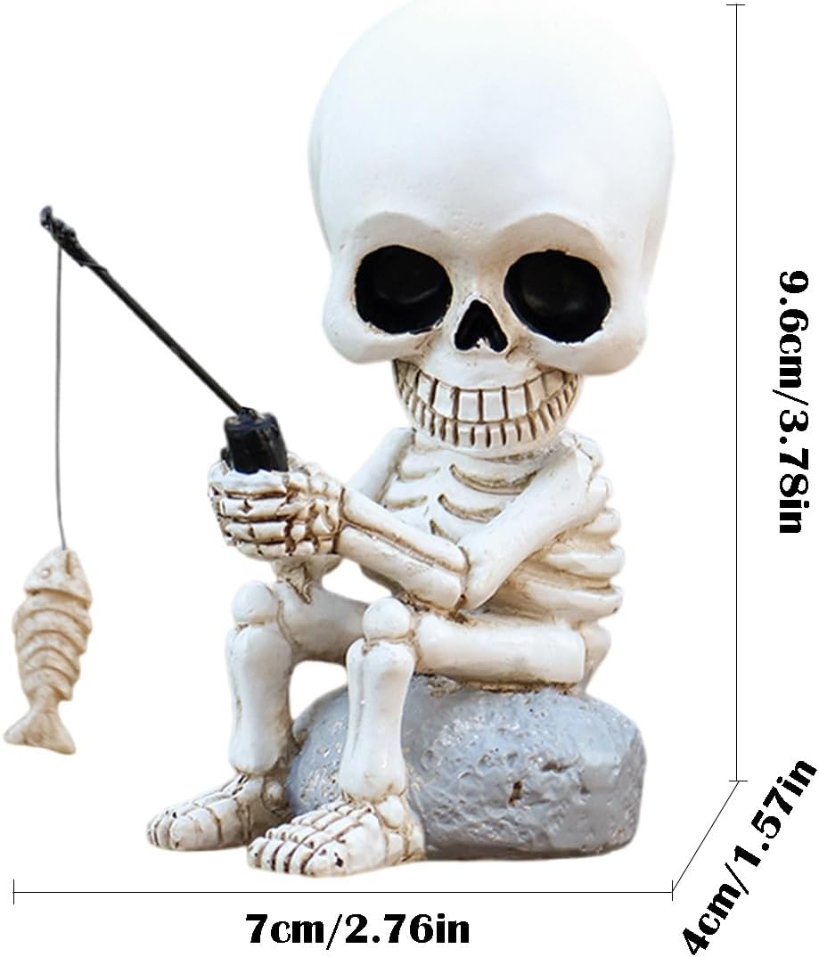 Fishing Skeleton Statue with Rotating Head Funny Halloween Decor, 3.8 Inch Cute Sitting Skull Figurine Resin Sculpture for Outdoor Garden Yard Lawn Pond Pool Ornaments