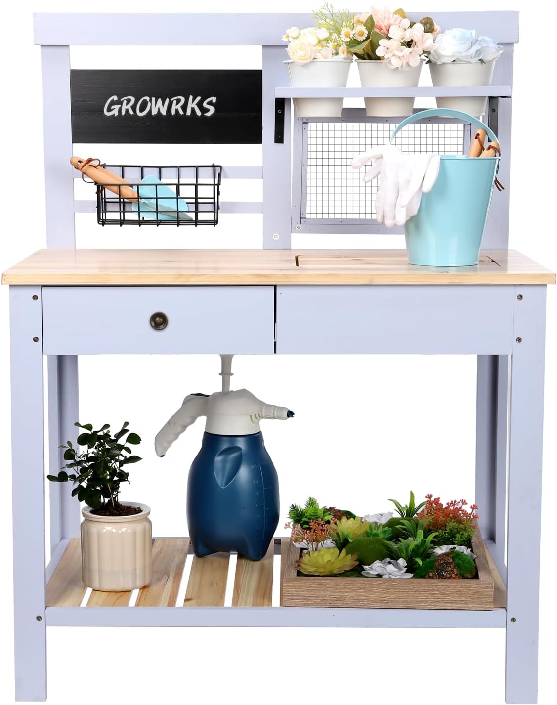 Potting Bench Outdoor Potting Table—All-Weather Kids Solid Wood Garden Work Station with Sink、Drawer、Hooks、3Flower Pots, Weather Proof （Blue, Large）