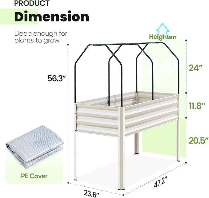 KING BIRD Large Raised Garden Bed with Cover Galvanized Elevated Planter Box with Legs 48×24×56 in for Backyard, Patio, Balcony, 400lb Capacity, Beige