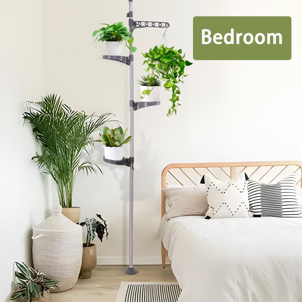 Hershii Indoor Plant Stand Pole Tension Rod Corner Standing Shelf Adjustable Flower Pots Holder Display Rack with 1 Hook & 3 Trays - Grey