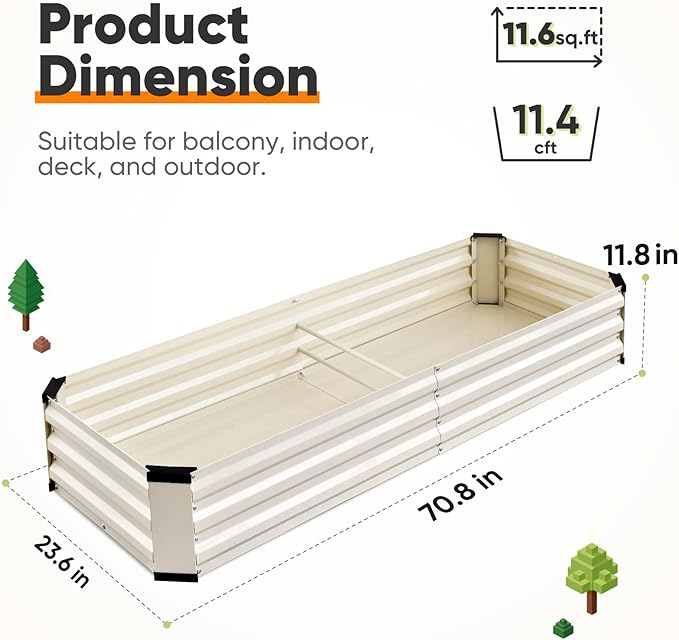 KING BIRD Raised Garden Bed Kit with Bottom 2025 Upgraded Galvanized Planter Garden Box Outdoor & Indoor for Gardening, Vegetables, Flowers, Beige, 70.8x23.6x11.8 in