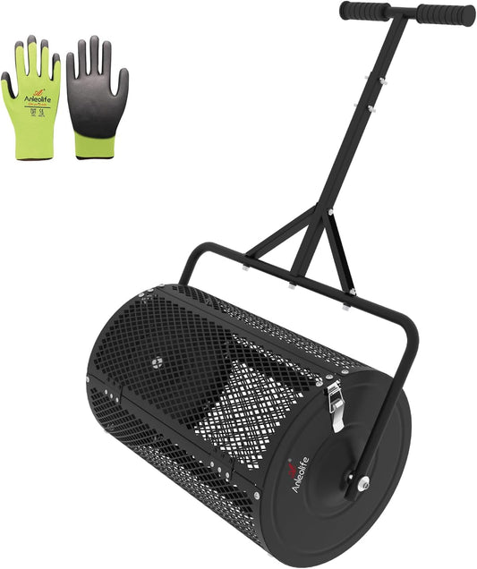 24 Inch Compost Spreader, Lawn and Garden Peat Moss Roller with Side Latches, 24-31.1" Height Adjustable Handle, Metal Mesh Basket for Spreading Topsoil, Manure, Mulch, Black